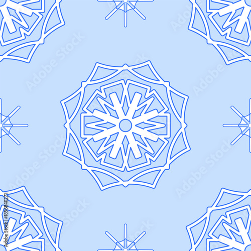 Seamless geometric mandala pattern in light blue and white, featuring symmetrical snowflake-like floral shapes. Minimal, decorative background ideal for winter, textile, or wallpaper design.