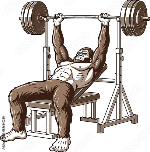 Gorilla Bench Press Illustration Powerful Fitness Strength Artwork