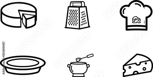 Black and white line drawing kitchen icons including cheese grater hat bowl plate and blender