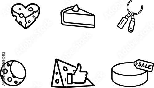 black and white line drawing cheese icons with sale tag and thumb up