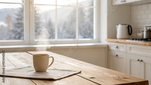 Warm Mug of Steaming Coffee on a Wooden Table by a Window with Snowy Forest View