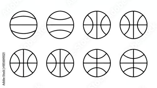 simple monochrome basketball line drawing, eight balls in two-row layout, modern outline vector, sports icon design on white background