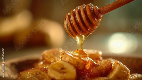 Delightful dessert with honey drizzle and sweet banana slices, natural treat that brings joy and sweetness to every dish