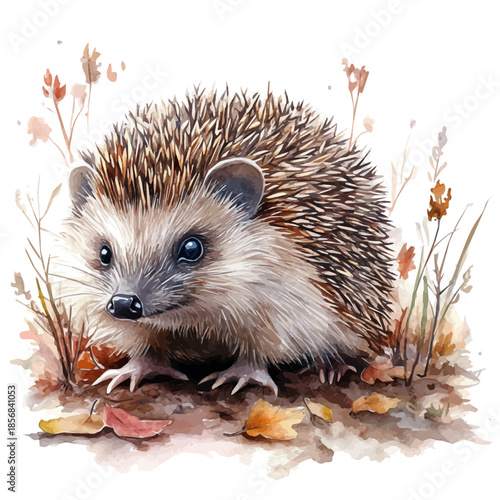 Hedgehog Crawling Slowly, charming watercolor clipart, isolated on a white background.