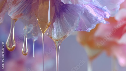 Golden honey drip cascades from delicate flower petals, showcasing macro view of soft light and liquid beauty in natures mesmerizing details