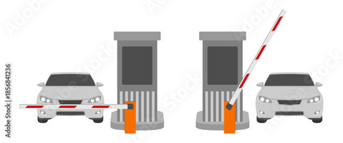 car passing security post with barrier open and close, vector illustration isolated on white background.