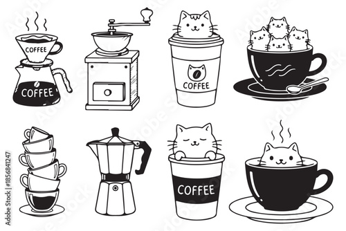 Cute Coffee Cat Line Art Set – Black and White Cartoon Cat & Mug Illustrations