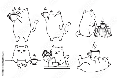 Cute Coffee Cat Line Art Set – Black and White Cartoon Cat & Mug Illustrations