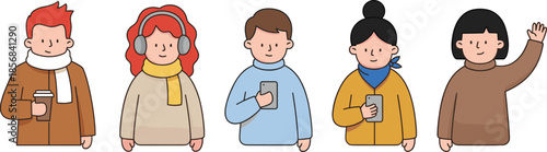 Cute people character illustration set showing men and women using smartphones, headphones, coffee cup, casual lifestyle flat vector