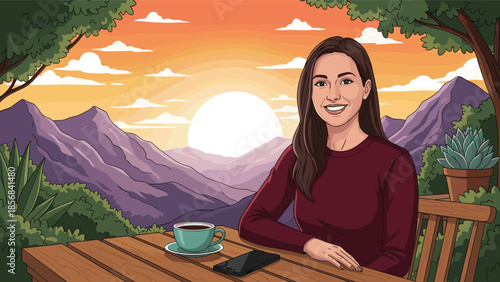 Smiling Young Woman Sitting at a Wooden Table Drinking Coffee Outdoors with a Beautiful Mountain Sunset Landscape Background Illustration (21 words)