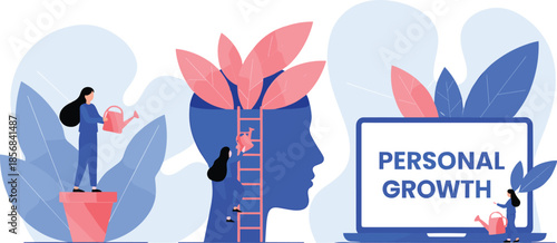 Personal growth and self improvement vector illustration set with tiny women watering plants inside human head and on laptop screen for mindset development concept
