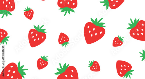 Playful and seamless pattern of cute red strawberries with green tops scattered across a clean and simple white background.