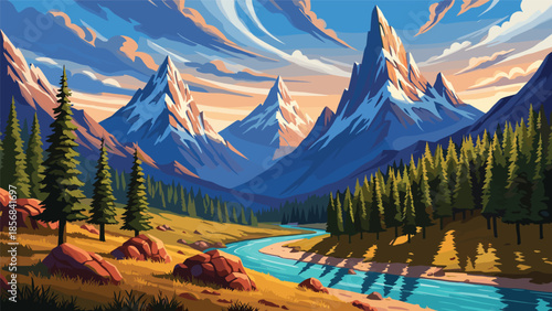 Majestic Mountain Landscape Illustration with Winding Turquoise River Flowing Through Golden Valley and Evergreen Forest Under a Dramatic Dynamic Sky (21 words)