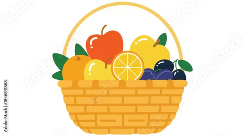 creative digital illustration of a handwoven wooden basket full of fresh fruits, vibrant colors, isolated on white background, food concept