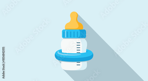 Modern flat design illustration of a blue baby bottle with an orange nipple and measurement lines for infant themes.