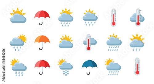 Comprehensive collection of colorful weather icons including sun, clouds, rain, and thermometers for forecasts.