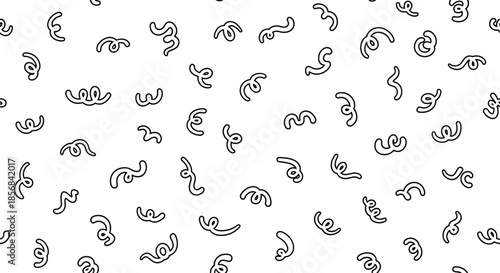 Seamless black and white pattern of randomly scattered, abstract squiggly lines and curly shapes in a simple doodle style.