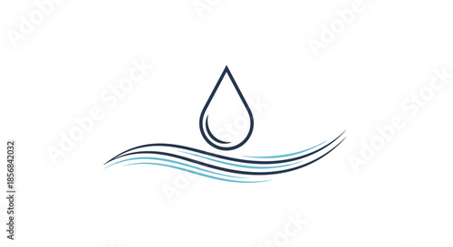 Minimalist logo design featuring a single water drop above a flowing blue wave for water purity and hydration brands.