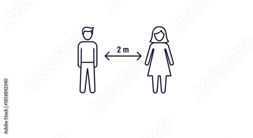 Simple line drawing showing a man and a woman keeping a distance of two meters between them for safety guidelines.