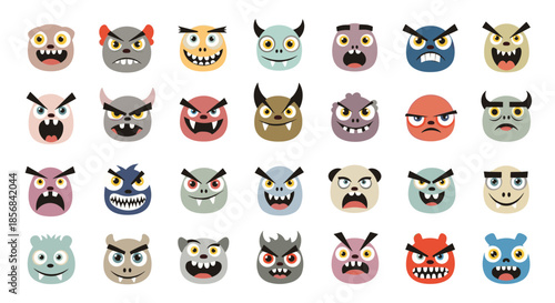 Large collection of colorful and funny monster faces with various expressions and features for games and cartoons.