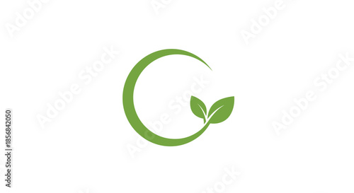 Minimalist logo design featuring two green leaves forming a partial circle representing cycles of nature and ecology.