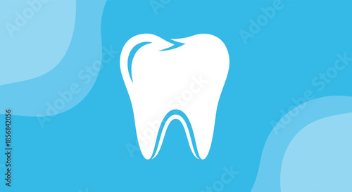 Clean white tooth silhouette on a blue wavy background representing dentistry, dental care, and oral hygiene.