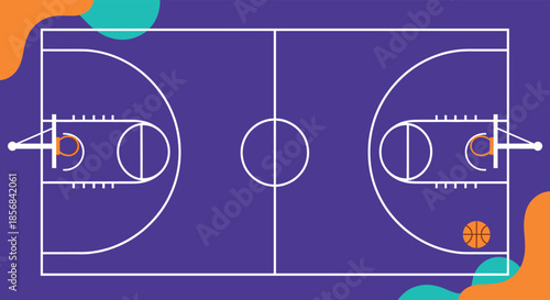 Top-down view of a basketball court with a purple floor and orange and teal decorative elements in the corners.