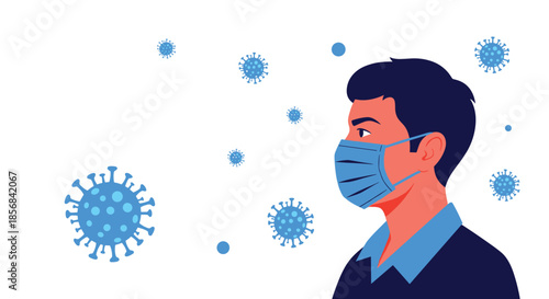 Profile view of a man wearing a protective blue medical face mask with floating coronavirus germs in the background for safety.