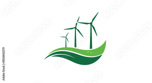 Creative illustration of wind turbines standing on a green leaf symbolizing renewable energy and green technology.