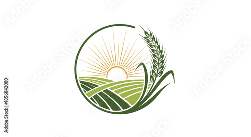 Circular agricultural logo design featuring green farm fields with a rising sun and a stalk of wheat integrated into the frame.
