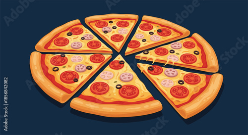 Tasty illustration of a pepperoni and olive pizza cut into slices on a dark background for food and dining themes.