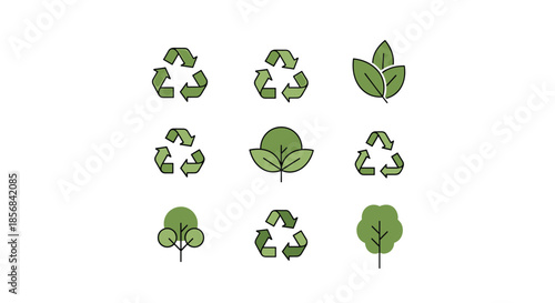 Grid of nine icons featuring recycling symbols, green leaves, and stylized trees representing environmental sustainability and conservation.