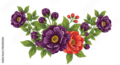 Beautiful floral bouquet featuring large blooming purple peonies and a single red flower with buds and lush green leaves on white.