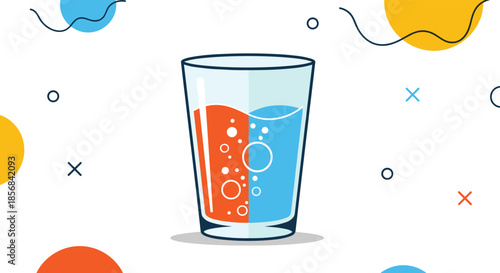 Stylized illustration of a tall drinking glass filled with orange and blue carbonated liquid surrounded by abstract geometric shapes.