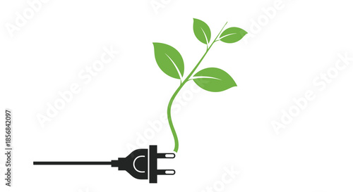 Creative concept showing a black electric plug with a thin green vine and leaves growing from the wire representing green energy.