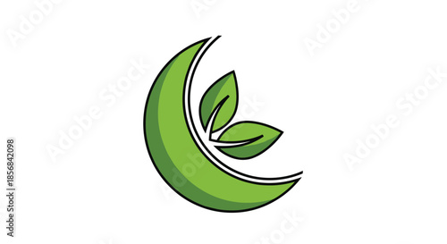 Green crescent moon symbol formed by a leaf shape with smaller leaves tucked inside representing nocturnal nature or eco themes.