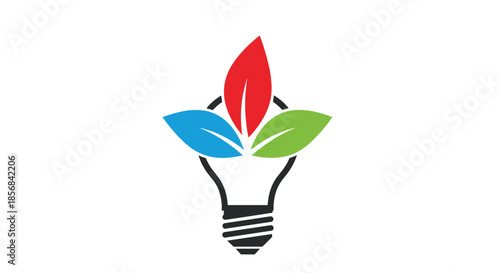 Innovative green energy concept featuring a light bulb outline with red blue and green leaves sprouting from the top for variety.