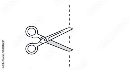 Simple line art illustration of a pair of metal scissors cutting along a vertical black dashed line on a white background.
