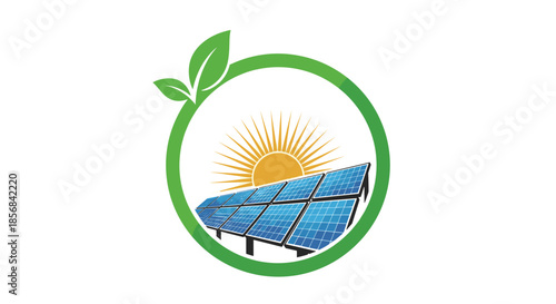 Renewable energy logo featuring a group of blue solar panels under a sun with rays inside a green circle decorated with leaves.