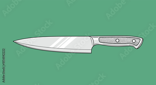 Detailed drawing of a sharp professional kitchen chef's knife with a steel blade and a black handle against a green background.