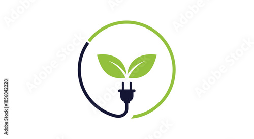 Sustainable energy logo design featuring green leaves growing from a power plug symbol inside a circular frame.