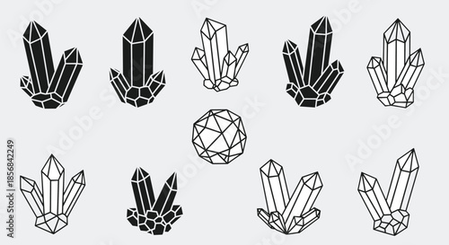 Collection of geometric crystal and gemstone icons in both solid black and minimalist outline styles on a light grey background.