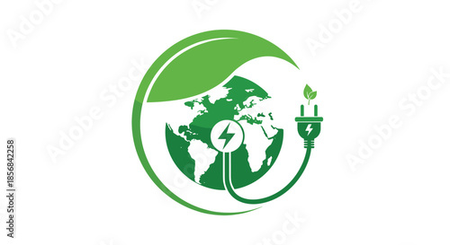 Green energy and recycling logo combining an earth globe, a leaf, a lightning bolt, and a power plug for ecology.