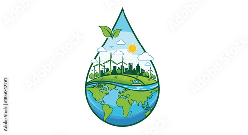 Detailed environmental concept inside a large water droplet showing wind turbines, a green city, and the planet earth.
