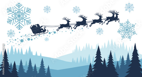 Traditional Christmas scene with Santa Claus and his reindeer team flying through a snowy forest at nighttime.