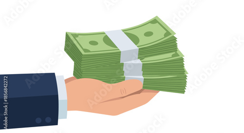 Professional hand in a business suit holding a large stack of green dollar bills representing wealth and profit.