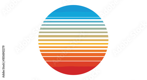 Vibrant retro style sunset design with colorful horizontal stripes in a circular composition for vintage aesthetics.