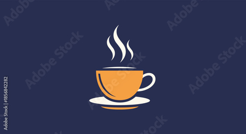 Minimalist hot coffee cup with steam icon set against a deep blue background for cafes and breakfast themes.