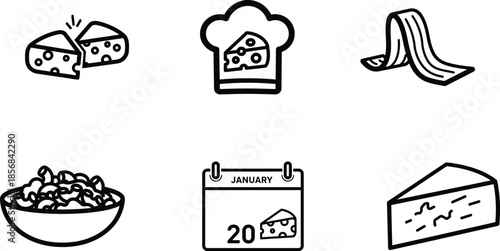 Black line icons of cheese slices and calendar on white background