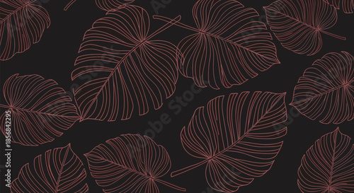 Elegant seamless pattern of pink monstera or philodendron leaves drawn in a fine line art style on a dark background.